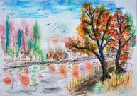Herbst am Fluss Ölkreide auf Papier 40x30cm