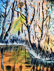 Winter abend am Waldweiher Acryl auf Papier 25 x 30 cm