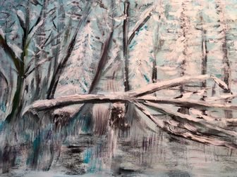 Winter am Waldweiher Acryl auf Papier 25 x 30 cm